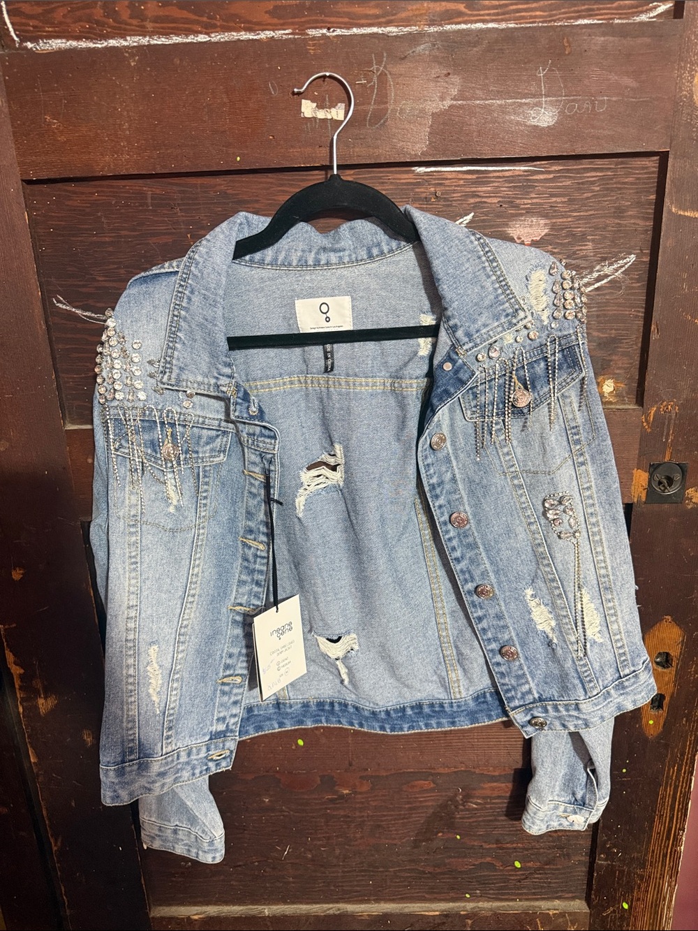 Distressed Light Blue Denim Jacket with Rhinestone Fringe